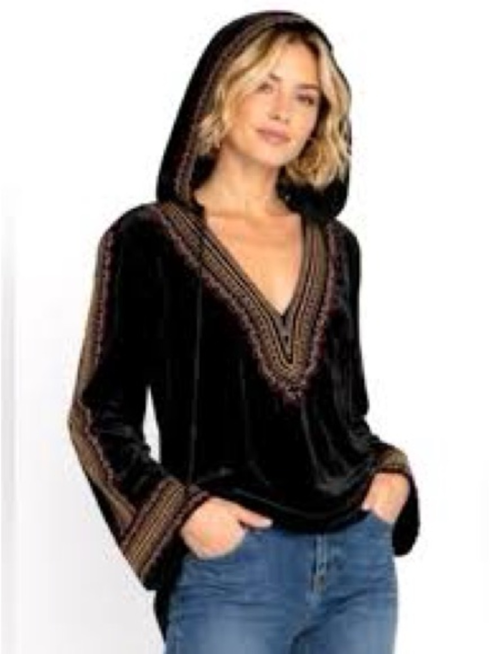 Johnny Was Moonrise Velvet Embroidered V-Neck Hoodie